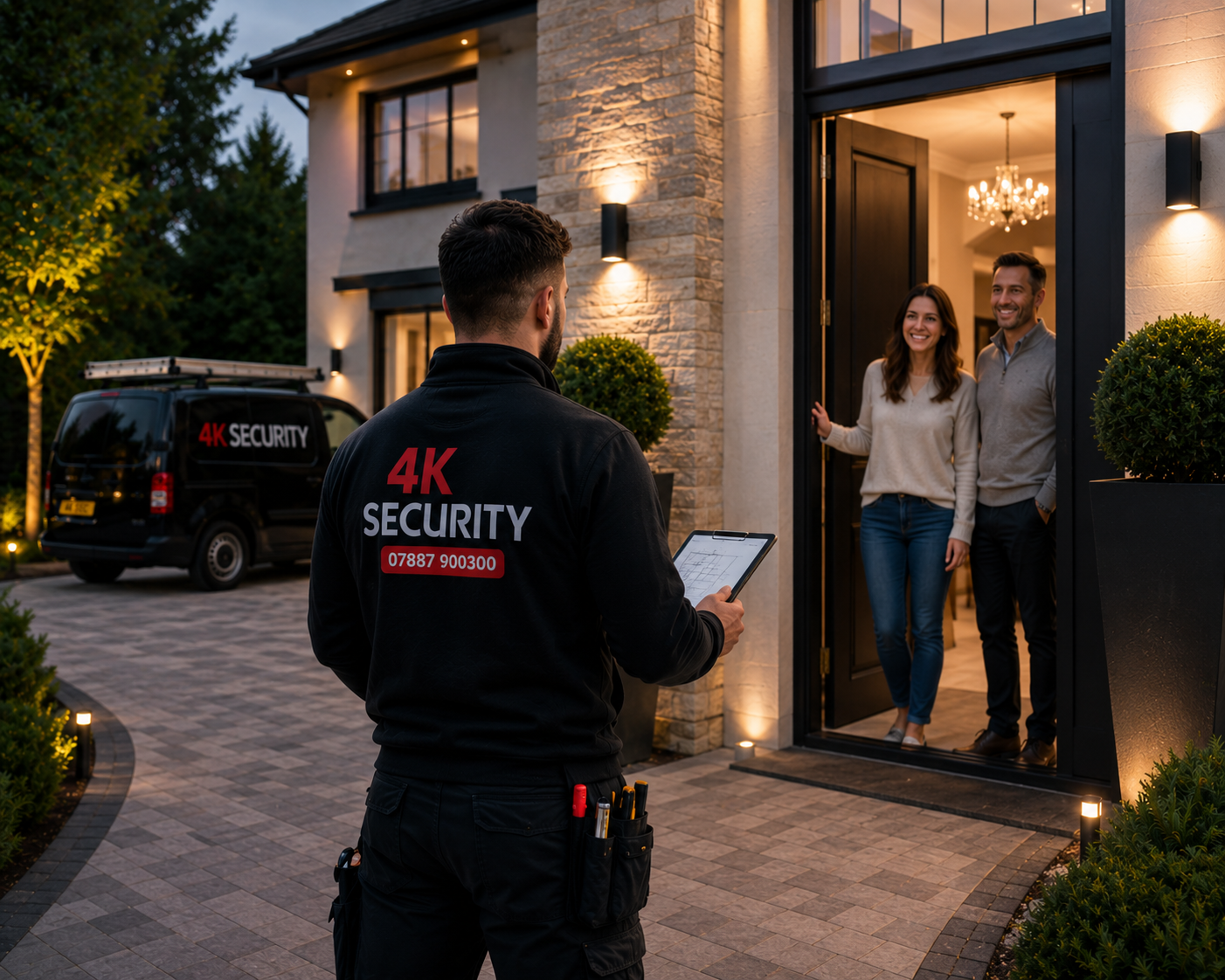 4K Security engineer visiting a customer property for a free survey and quote