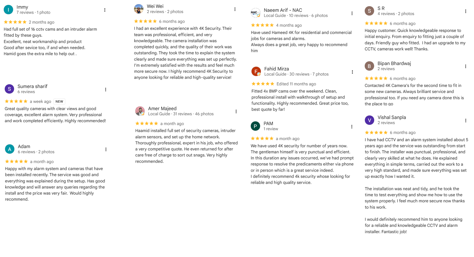 Screenshot of Google reviews for 4K Security showing 5 star customer feedback.