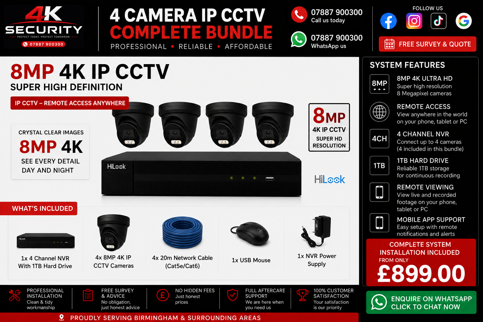 4 camera 8MP 4K IP CCTV complete bundle with black cameras from 4K Security Birmingham