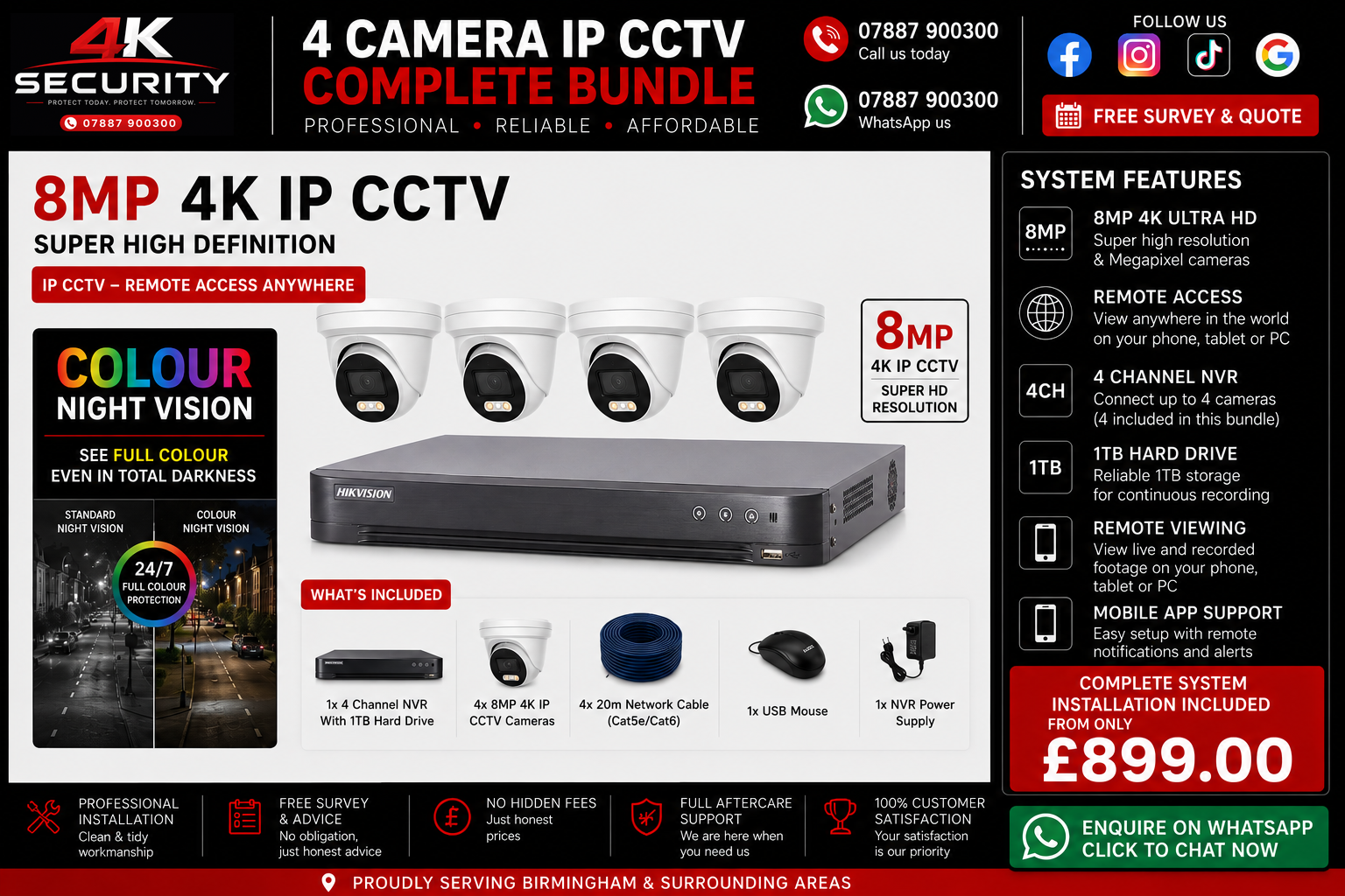 4 camera 8MP 4K IP CCTV complete bundle with white cameras from 4K Security Birmingham