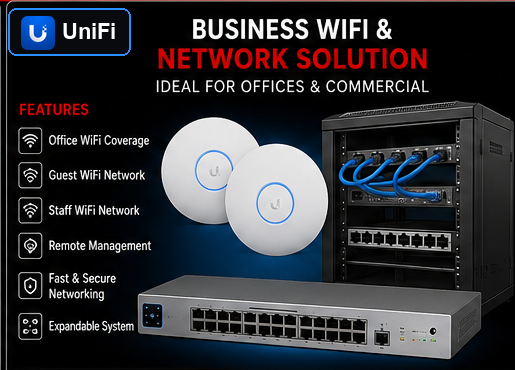 Business WiFi and data networking cabinet with network switch and access points